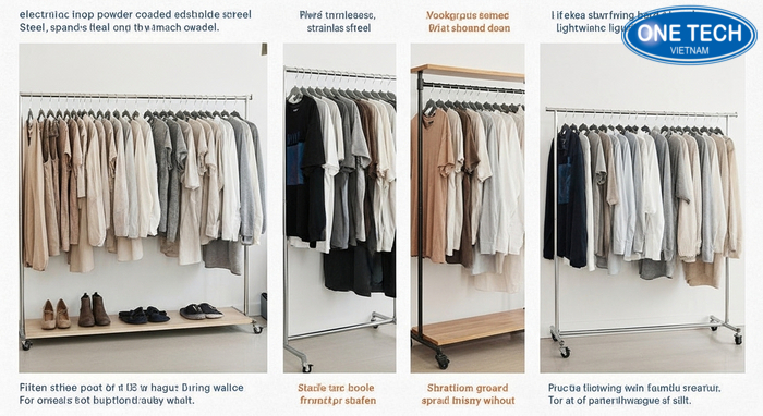 So sánh kệ treo quần áo shop thời trang theo kiểu dáng và chất liệu