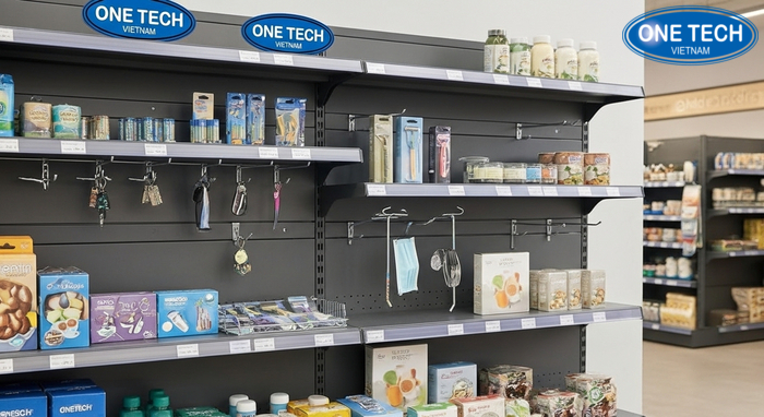 Kệ treo tường và móc treo phụ kiện cho cửa hàng tạp hóa