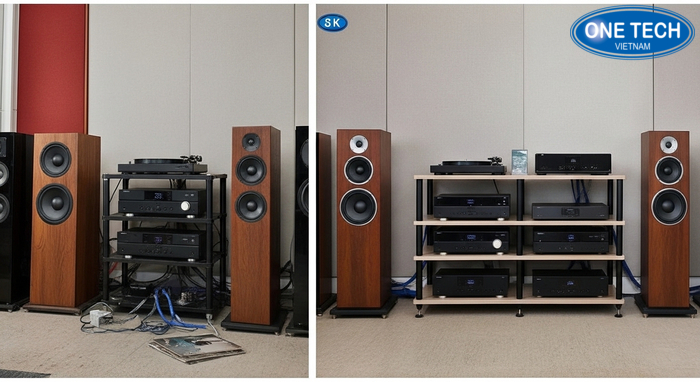 So sánh không gian có kệ trưng bày loa và không có kệ So sánh không gian có kệ trưng bày loa và không có kệ