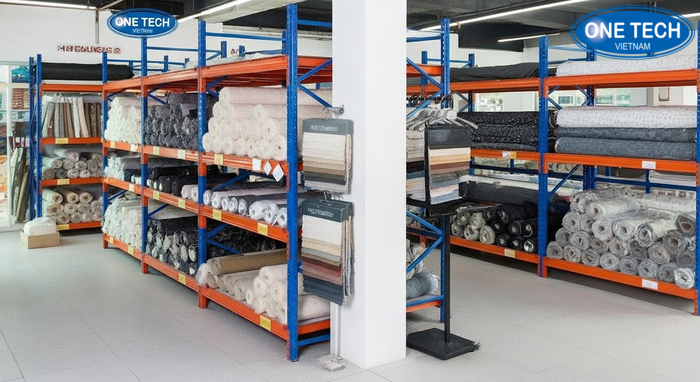 Các loại kệ trưng bày vải phổ biến Minh họa các loại kệ trưng bày vải phổ biến trong cửa hàng và kho