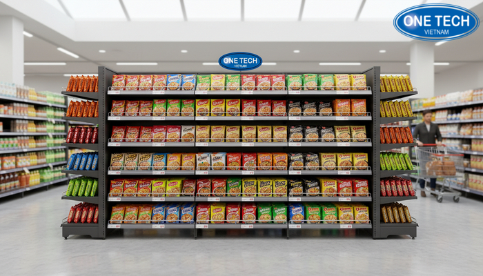 Kích thước kệ trưng bày mì tôm theo mặt bằng Minh họa kích thước kệ phù hợp lối đi cửa hàng khi trưng bày mì tôm