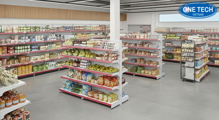 Minh họa kệ đơn, kệ đôi và kệ di động cho hàng tạp hóa