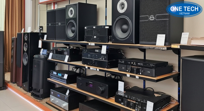 Bố trí loa và amply trên kệ khoa học Minh họa bố trí loa và amply trên kệ khoa học thoáng tản nhiệt