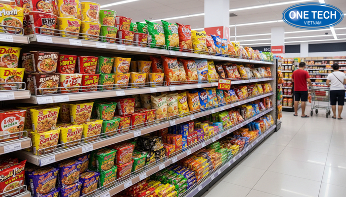 Bán chéo với kệ trưng bày mì tôm Mô hình bán chéo kệ mì tôm với snack bánh kẹo