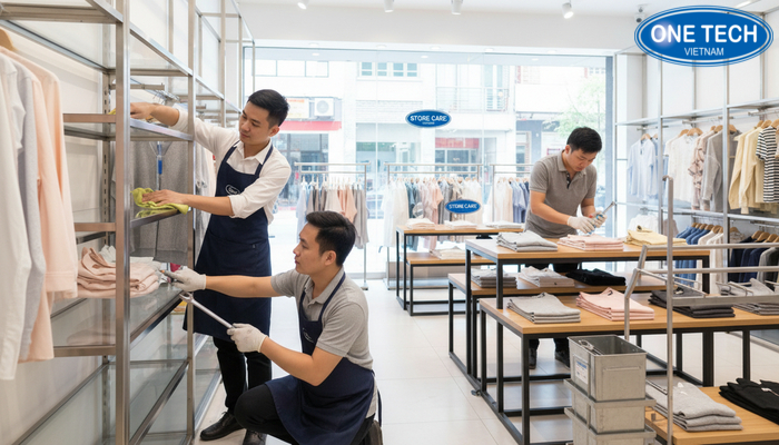 Minh họa quy trình bảo trì kệ trưng bày shop quần áo cơ bản