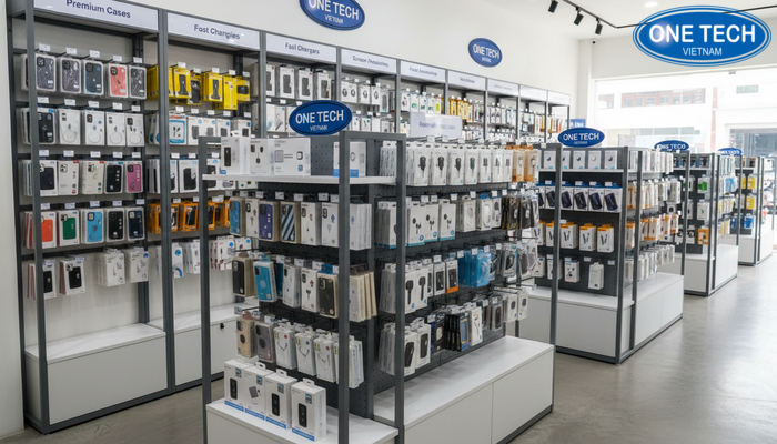 Ảnh thực tế kệ trưng bày phụ kiện tại showroom OneTech