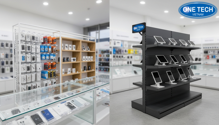 So sánh các loại kệ trưng bày phụ kiện điện thoại phổ biến