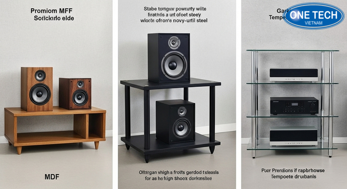 So sánh chất liệu kệ trưng bày loa So sánh chất liệu kệ MDF thép sơn tĩnh điện kính cường lực