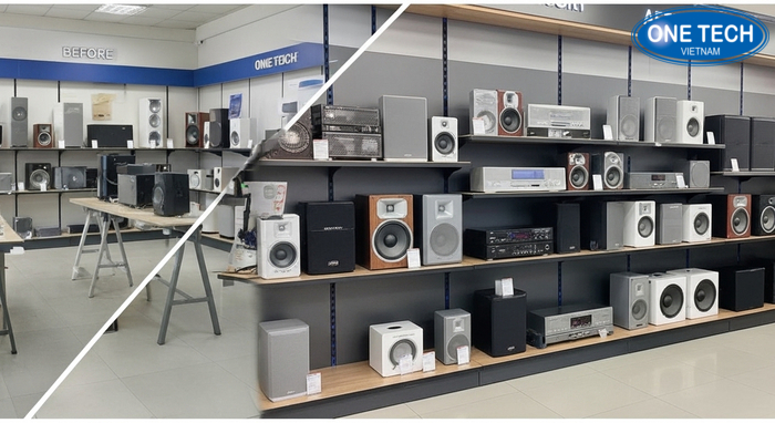 Trước và sau bố trí kệ trưng bày loa So sánh trước và sau khi bố trí kệ trưng bày loa trong không gian