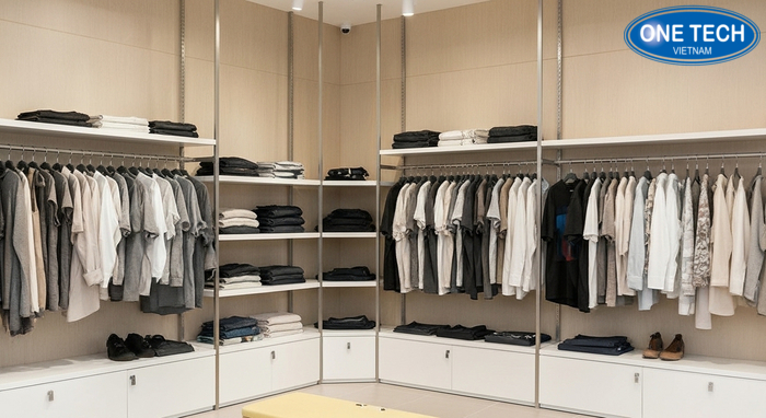 Ví dụ chọn kệ trưng bày quần áo đẹp theo phong cách thiết kế shop