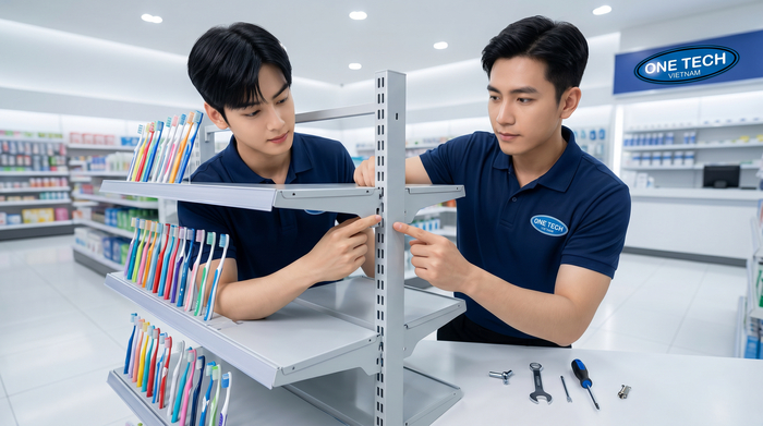 Minh họa các bước lắp đặt kệ trưng bày bàn chải đánh răng và dụng cụ cơ bản