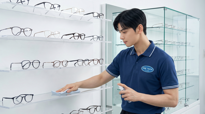 Minh họa vệ sinh kệ mica và tủ kính trưng bày kính mắt đúng cách