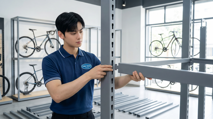 Minh họa quá trình lắp đặt kệ trưng bày xe đạp gọn gàng