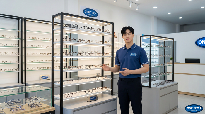 Không gian trưng bày mẫu kệ kính mắt tại OneTech ở Đà Nẵng