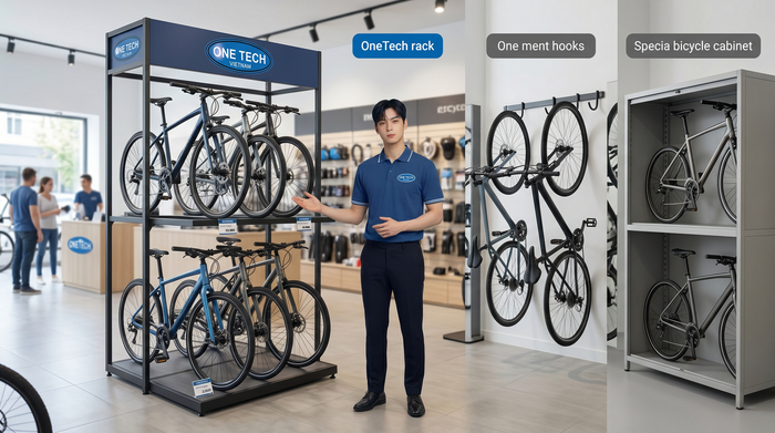 So sánh kệ trưng bày xe đạp với móc treo và tủ kệ